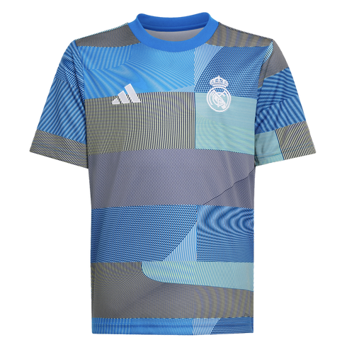 Real Madrid Adidas soccer jersey with a blue, teal, and yellow geometric patchwork pattern. Features white team crest and Adidas logo on the chest.