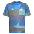 Real Madrid Adidas soccer jersey with a blue, teal, and yellow geometric patchwork pattern. Features white team crest and Adidas logo on the chest.