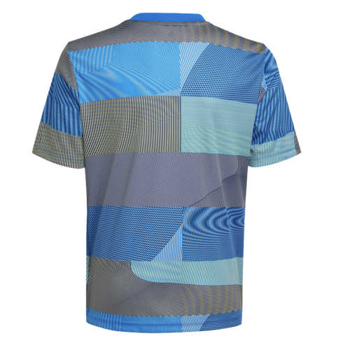 Back view of a short-sleeved t-shirt featuring a light blue collar and a complex geometric pattern of blue and grey blocks with fine linear and moiré textures.