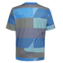 Back view of a short-sleeved t-shirt featuring a light blue collar and a complex geometric pattern of blue and grey blocks with fine linear and moiré textures.