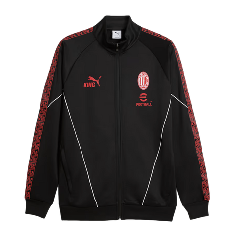 Black Puma AC Milan track jacket featuring a red club crest, eFootball sponsor logo, and patterned red sleeve stripes.