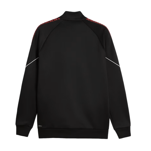 Back view of a black athletic track jacket featuring red patterned trim on the shoulders, thin white piping on the sleeves, and a small logo on the lower left hem.