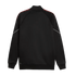 Back view of a black athletic track jacket featuring red patterned trim on the shoulders, thin white piping on the sleeves, and a small logo on the lower left hem.
