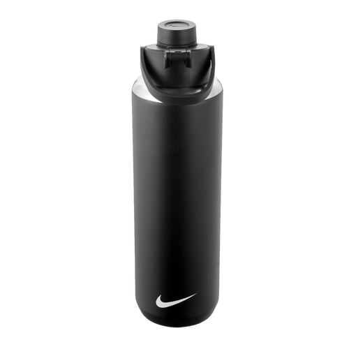 A tall, matte black cylindrical water bottle with a white Nike swoosh logo near the base and a black screw-top lid with a carrying handle.