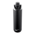A tall, matte black cylindrical water bottle with a white Nike swoosh logo near the base and a black screw-top lid with a carrying handle.
