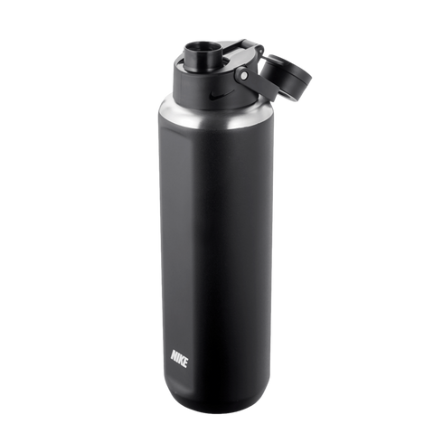 Matte black Nike stainless steel water bottle featuring a silver shoulder, a black flip-top lid, and a white Nike logo near the base.