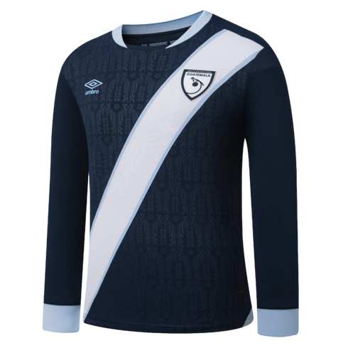 Long-sleeved navy soccer jersey with white diagonal sash. Features Guatemala national team crest, Umbro logo, light blue cuffs, and a subtle geometric pattern.