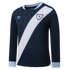 Long-sleeved navy soccer jersey with white diagonal sash. Features Guatemala national team crest, Umbro logo, light blue cuffs, and a subtle geometric pattern.