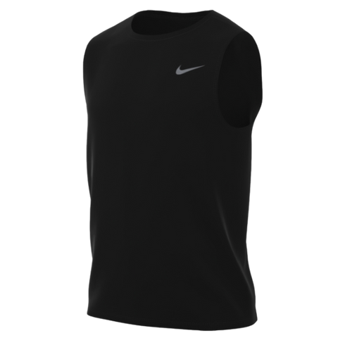 Black Nike sleeveless athletic tank top featuring a silver swoosh logo on the left chest.