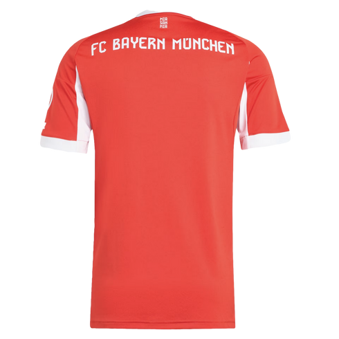Back of a red FC Bayern München jersey with white "FC BAYERN MÜNCHEN" text and a small "MIA SAN MIA" logo at the neck. The sleeves feature white side panels and cuffs.