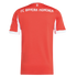 Back of a red FC Bayern München jersey with white "FC BAYERN MÜNCHEN" text and a small "MIA SAN MIA" logo at the neck. The sleeves feature white side panels and cuffs.