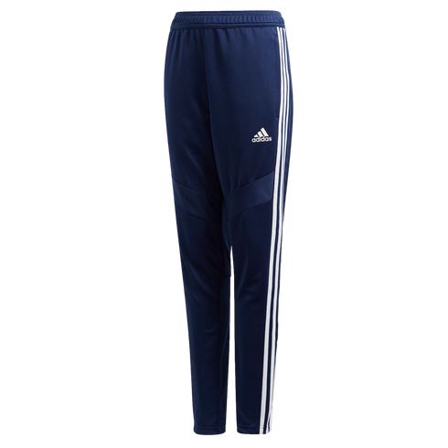 Navy blue Adidas youth track pants with three white side stripes and a white logo on the left thigh.