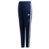 Navy blue Adidas youth track pants with three white side stripes and a white logo on the left thigh.