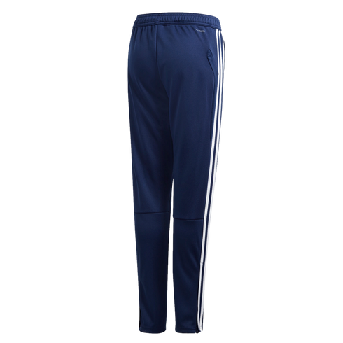 Rear three-quarter view of navy blue Adidas track pants with signature three white stripes on the side and ankle zippers.