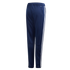 Rear three-quarter view of navy blue Adidas track pants with signature three white stripes on the side and ankle zippers.