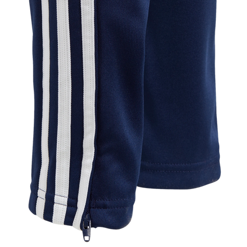 Navy blue athletic pants featuring three white stripes down the side and a zipper at the ankle cuff.