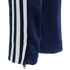 Navy blue athletic pants featuring three white stripes down the side and a zipper at the ankle cuff.