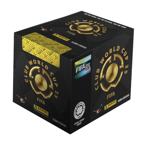 Black display box for Panini FIFA Club World Cup 25 album stickers, featuring a gold circular logo and yellow sticker packets inside.
