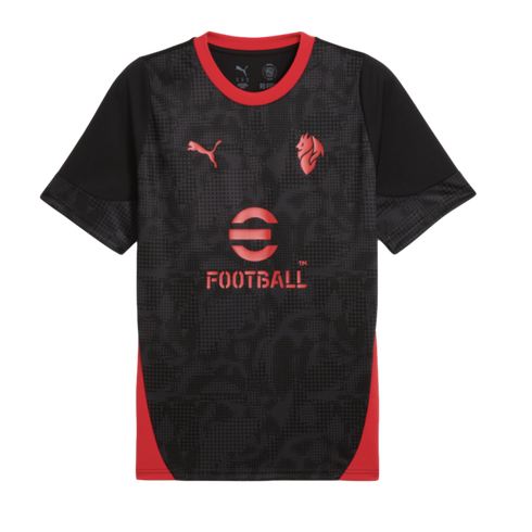 A black and red Puma sports jersey featuring a textured pattern, "eFootball" sponsor logo, red side panels, and a red collar.