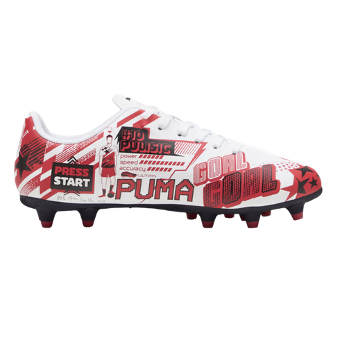 White and red Puma soccer cleat with arcade-style graphics including Christian Pulisic's name, stats, and "PRESS START" text.