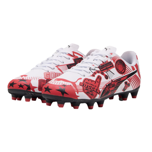 White Puma soccer cleats featuring red and black comic-style graphics, stars, and the text "WE CALL IT SOCCER."