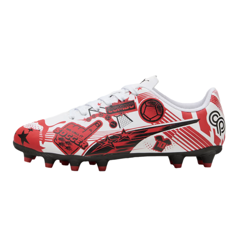 A Puma soccer cleat with red and black comic-style graphics, including a "SOCCER" foam finger and stars, on a white base against a black background.