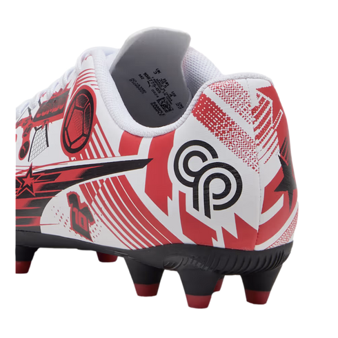 White Puma soccer cleat heel featuring red and black graphics, a stylized "CP" logo, and black studs with red tips.