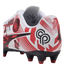White Puma soccer cleat heel featuring red and black graphics, a stylized "CP" logo, and black studs with red tips.