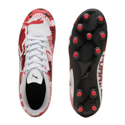 Top and bottom views of white Puma soccer cleats with red and black graphic designs, white laces, and black outsoles with red circular studs.