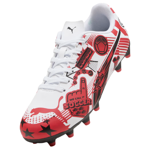 A Puma soccer cleat featuring a white base with bold red and black comic-style graphics, stars, and the phrase "WE CALL IT SOCCER".