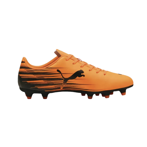 Side profile of an orange Puma soccer cleat with black horizontal speed graphics and a black Puma logo.
