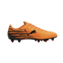 Side profile of an orange Puma soccer cleat with black horizontal speed graphics and a black Puma logo.