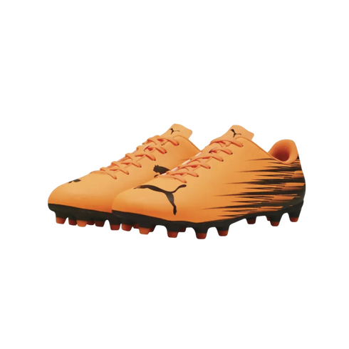 A pair of vibrant orange Puma soccer cleats with black logos and graphic side details, set against a black background.