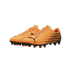 A pair of vibrant orange Puma soccer cleats with black logos and graphic side details, set against a black background.