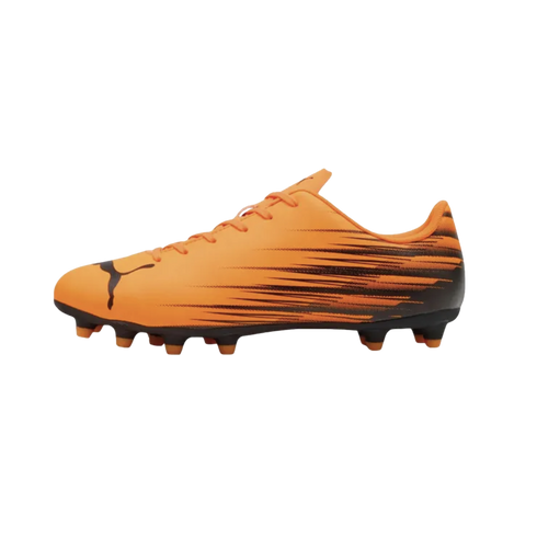 An orange Puma soccer cleat featuring black graphic streaks on the side, a black leaping cat logo on the toe, and black cleats with orange tips.