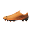 An orange Puma soccer cleat featuring black graphic streaks on the side, a black leaping cat logo on the toe, and black cleats with orange tips.
