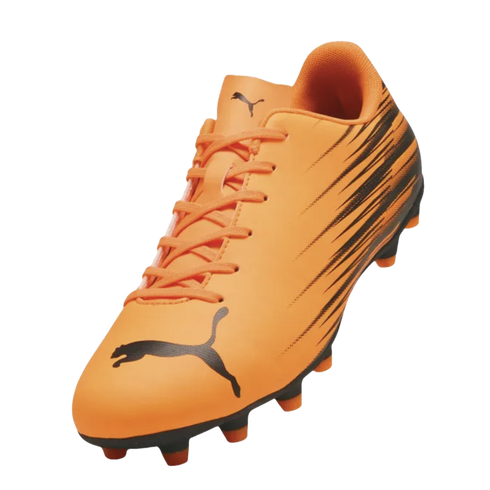 An orange Puma soccer cleat featuring a black cat logo on the toe and a black striped pattern on the side.