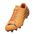 An orange Puma soccer cleat featuring a black cat logo on the toe and a black striped pattern on the side.