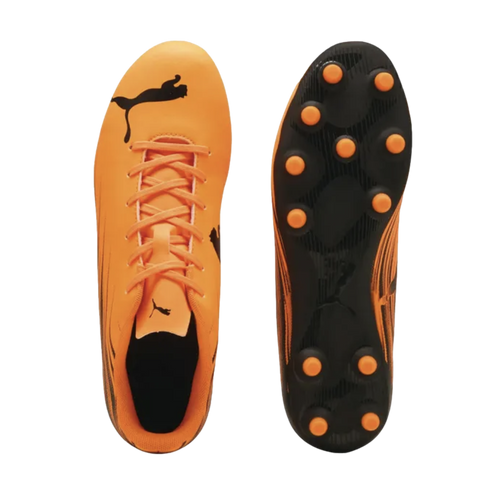 Top and sole views of an orange Puma soccer cleat. The upper is orange with black logos; the sole is black with round orange studs.