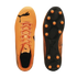 Top and sole views of an orange Puma soccer cleat. The upper is orange with black logos; the sole is black with round orange studs.
