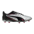 Side profile of a Puma soccer cleat in metallic silver and black with pink accents and pink-tipped studs, set against a solid black background.