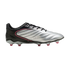 Profile view of a silver and black soccer cleat with pink accents. The silver upper has diagonal grooves and 'K-BETTER' text, with pink-tipped studs on the sole.