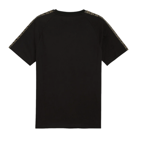 Back view of a black short-sleeved t-shirt with gold patterned tape along the shoulders and sleeves.