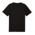 Back view of a black short-sleeved t-shirt with gold patterned tape along the shoulders and sleeves.