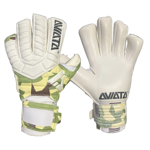 Front and back views of white Aviata soccer goalkeeper gloves with green and yellow camouflage accents on the wrist straps and backhand.
