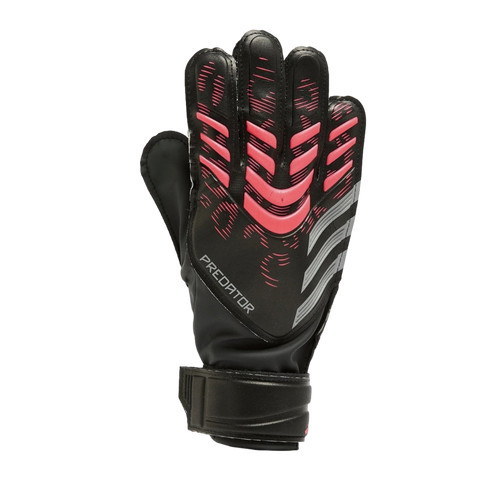 Black Adidas Predator goalkeeper glove featuring pink textured accents, grey side stripes, and an adjustable wrist strap, set against a black background.