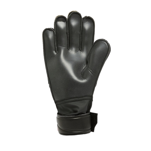 Palm view of a black padded goalkeeper glove with a wrist strap against a solid black background.