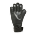 Palm view of a black padded goalkeeper glove with a wrist strap against a solid black background.