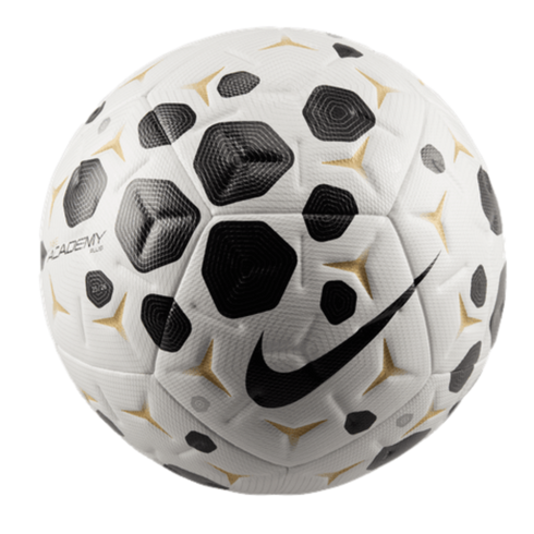 A white Nike Academy soccer ball featuring black hexagonal patterns and gold triangular accents, with a prominent black swoosh logo.