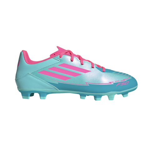 Light blue and pink Adidas Messi F50 soccer cleat shown from a side profile. It features three pink stripes, pink laces, and a studded soleplate for firm ground play.